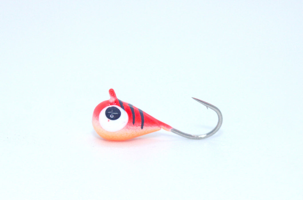FishKing wolfram mormyshka, dråpe, sebra rød/oransje m/øye, 1,4 gram.