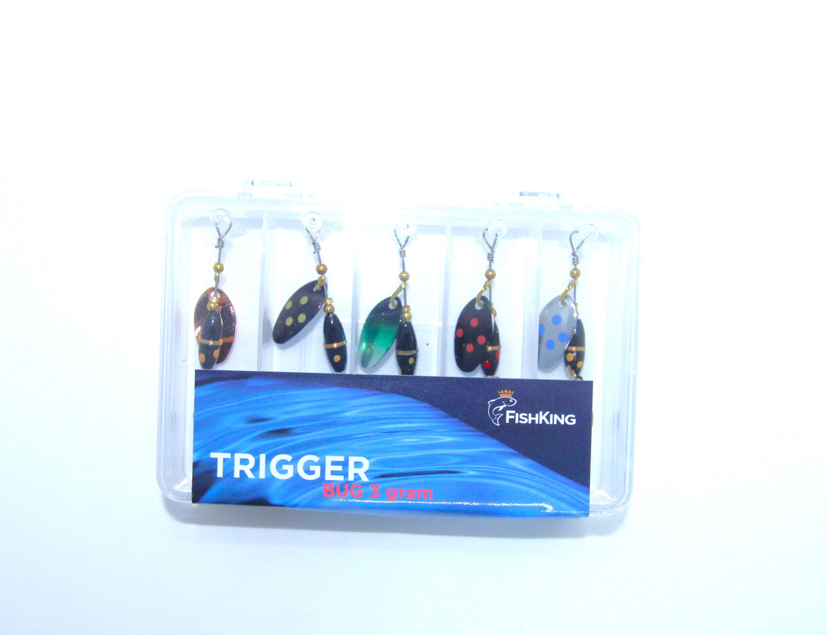 Pakketilbud! Trigger Bug original, 3 gram. 5 spinnere+10 slukhemper. S ...