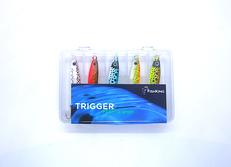 Pakketilbud Trigger Prey ørretserie, 12 gram. 5 sluker, 10 slukhemper + slukboks til ekstra god pris!