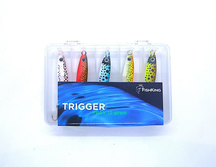 Pakketilbud Trigger Prey ørretserie, 12 gram. 5 sluker, 10 slukhemper + slukboks til ekstra god pris!