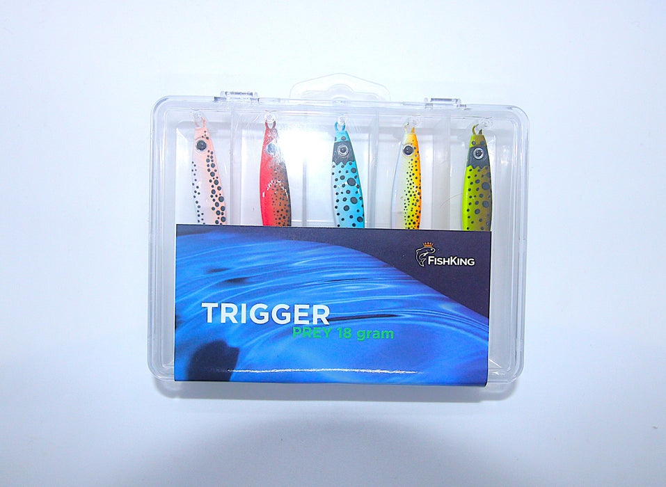 Pakketilbud Trigger Prey ørretserie, 18 gram. 5 sluker, 10 slukhemper + slukboks til ekstra god pris!