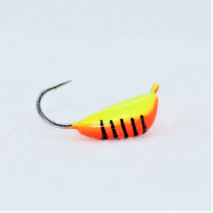 FishKing mormyshka i wolfram, banan, gul/oransje m/svarte striper, 1,3 gram