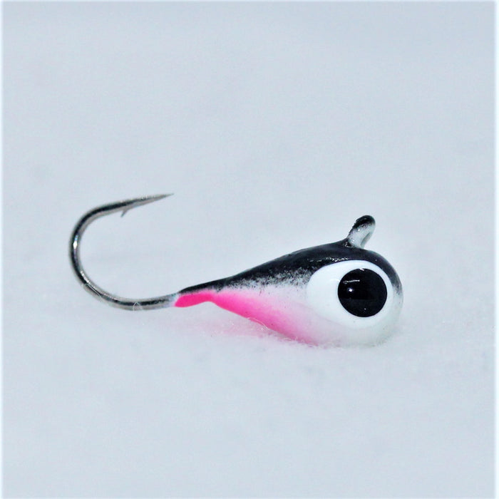 FishKing mormyshka, wolfram, dråpe, svart/rosa/hvit m/svart øye, 1,4 gram