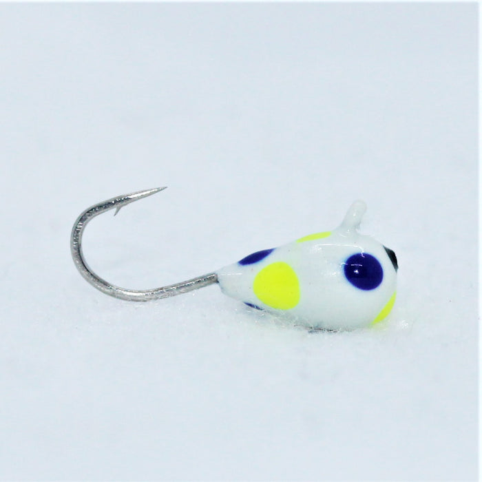 FishKing mormyshka, wolfram, dråpe, hvit m/gule og blå prikker, 1,4 gram