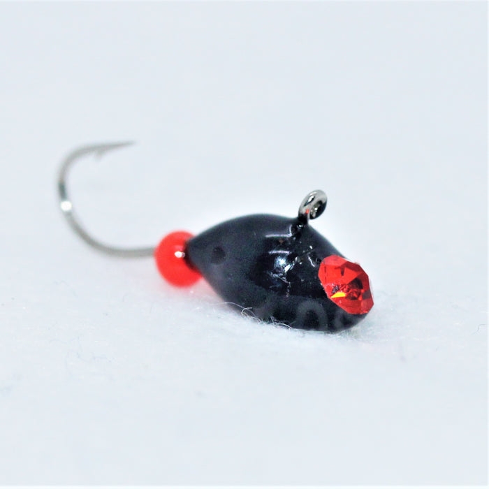 FishKing mormyshka, wolfram, dråpe, svart m/rød perle og rød glitrestein, 1,4 gram