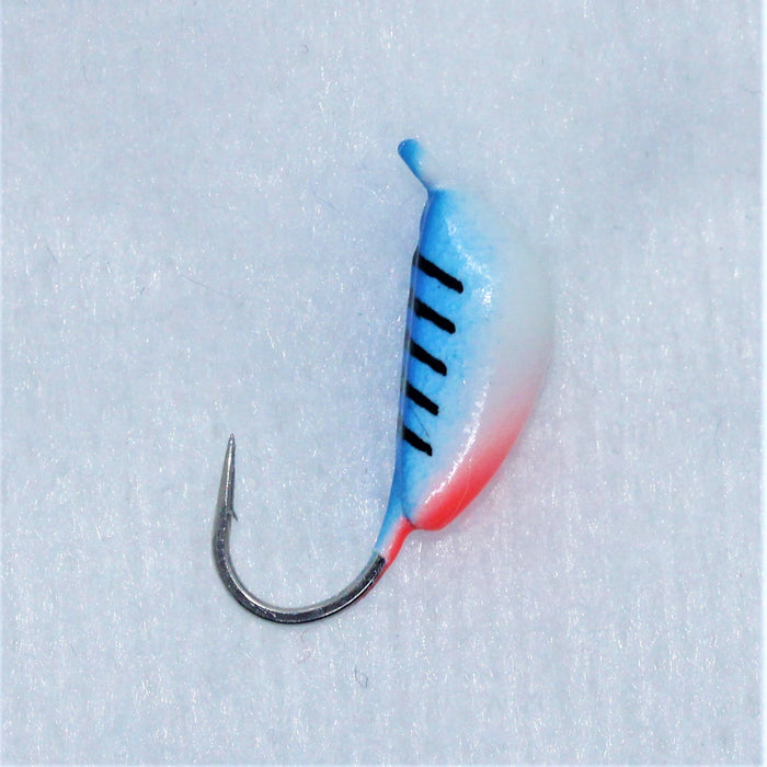 FishKing mormyshka i wolfram, banan, blå/rødrosa/hvit m/svarte striper, 1,3 gram